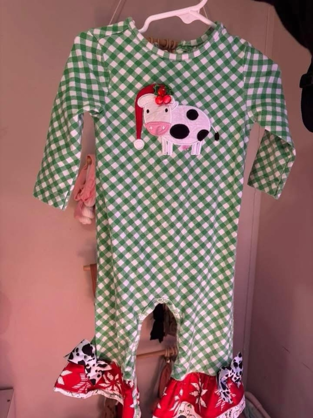Green Gingham Baby Romper with Cow Applique